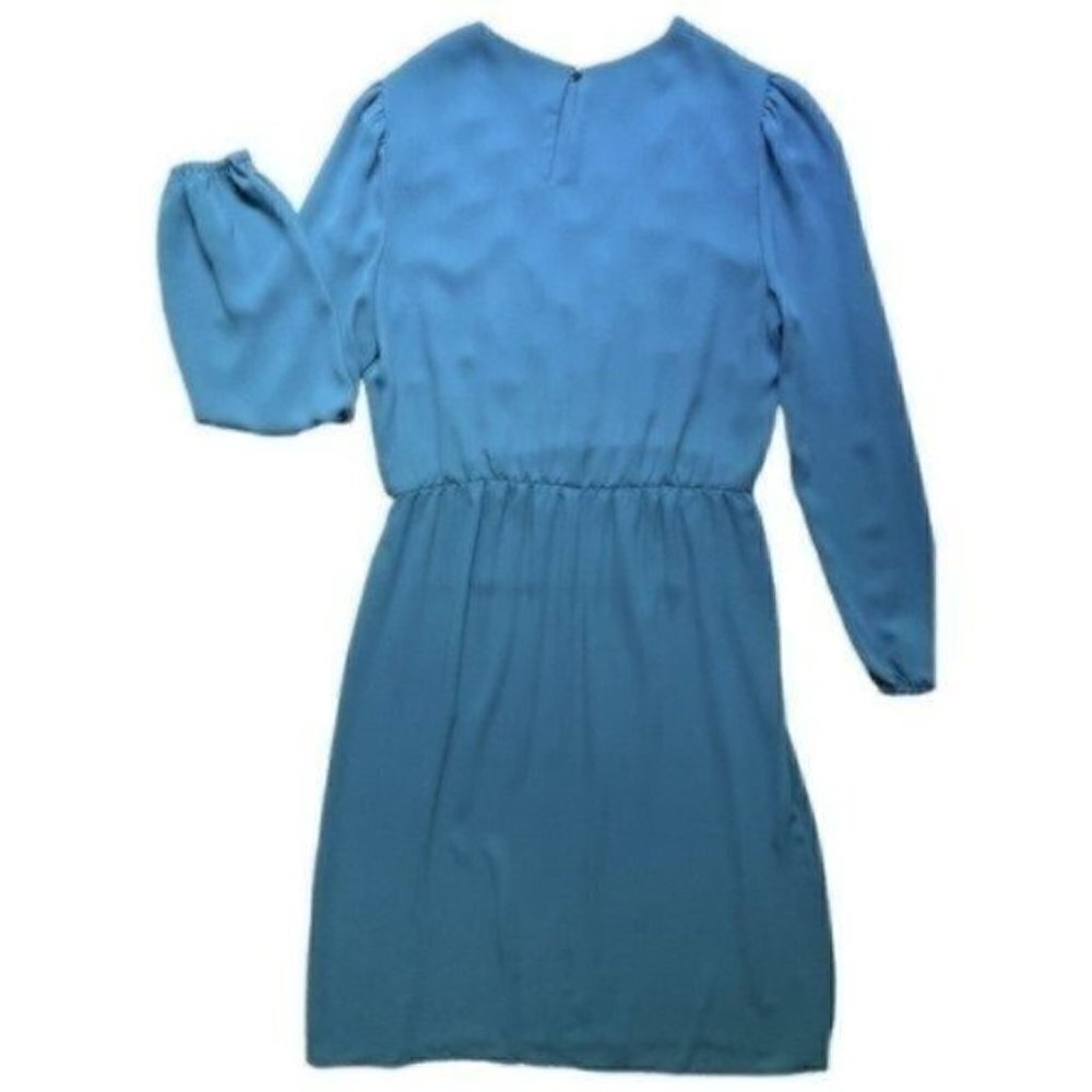 VTG 80s Balloon Long Sleeve Ruffle Midi Dress Blue Pearl Front Accent Women’s 10 - Picture 4 of 13